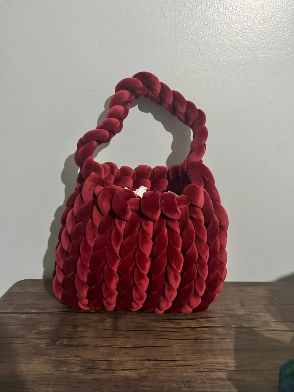 New Handmade Plush Chunky Braided Trendy Velvet Shoulder Bag - Burgundy